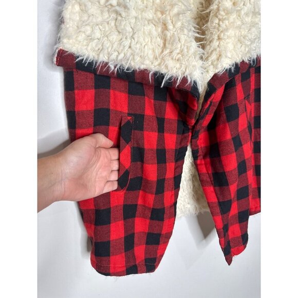 Faux Fur Buffalo Check Plaid Flannel Sherpa Open Vest Wonens S Cabin Rustic Cozy - Picture 3 of 9